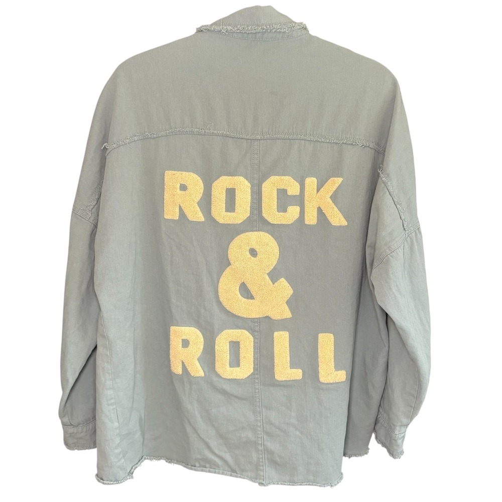 Davi & Dani Women's Frayed Hem Rock & Roll Green blue Shirt Jacket - Small